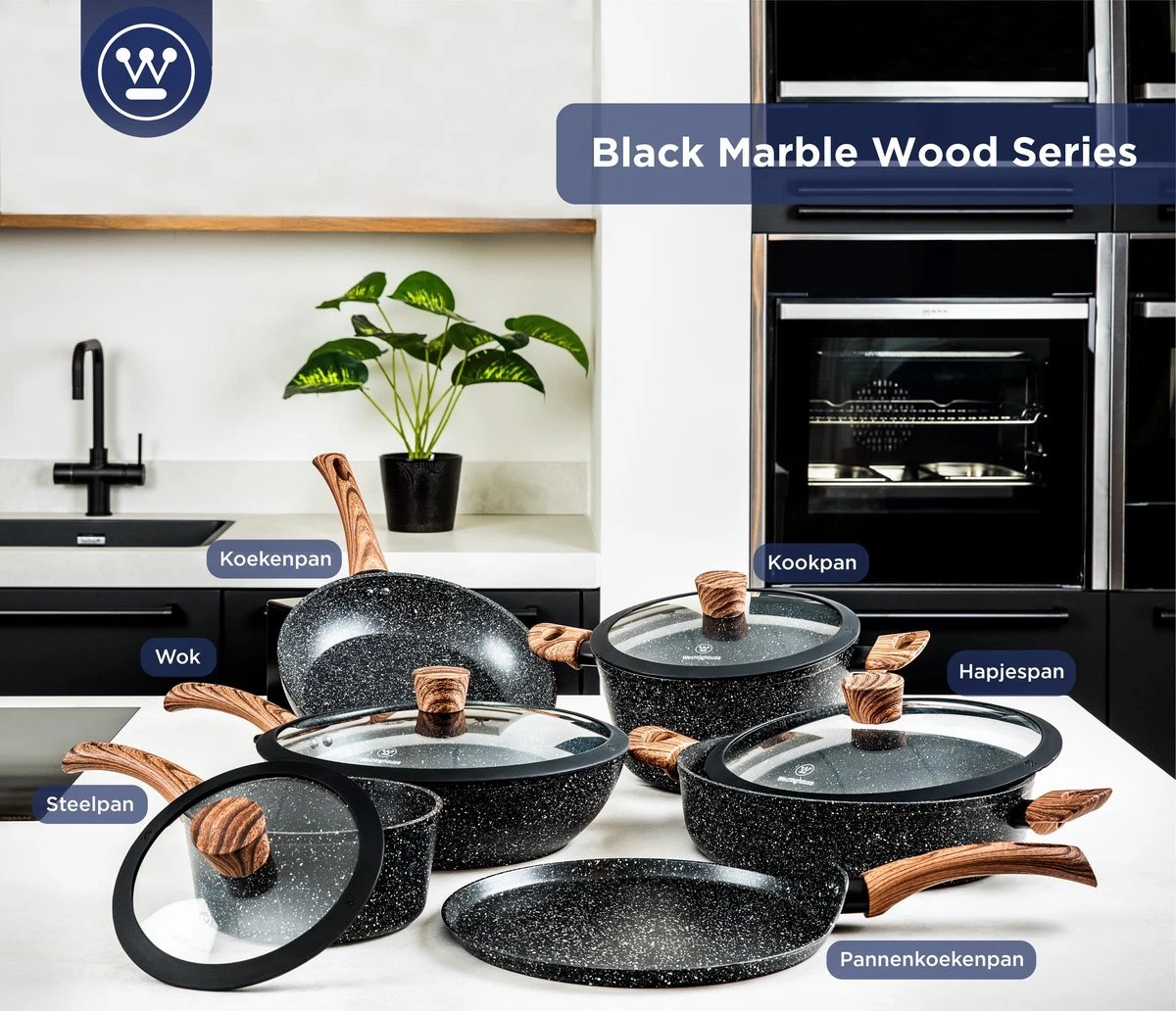 Westinghouse Pannenset Marble Wood (Wokpan ø 30 Cm + Braadpan + Hapjespan ø 28 Cm) - Inductie En Alle Andere Warmtebronnen 9 Westinghouse Pannenset Marble Wood (Wokpan ø 30 Cm + Braadpan + Hapjespan ø 28 Cm) - Inductie En Alle Andere Warmtebronnen - Afbeelding 7