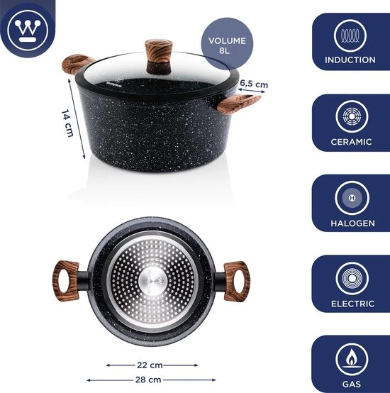 Westinghouse Pannenset Marble Wood (Wokpan ø 30 Cm + Braadpan + Hapjespan ø 28 Cm) - Inductie En Alle Andere Warmtebronnen 8 Westinghouse Pannenset Marble Wood (Wokpan ø 30 Cm + Braadpan + Hapjespan ø 28 Cm) - Inductie En Alle Andere Warmtebronnen - Afbeelding 6